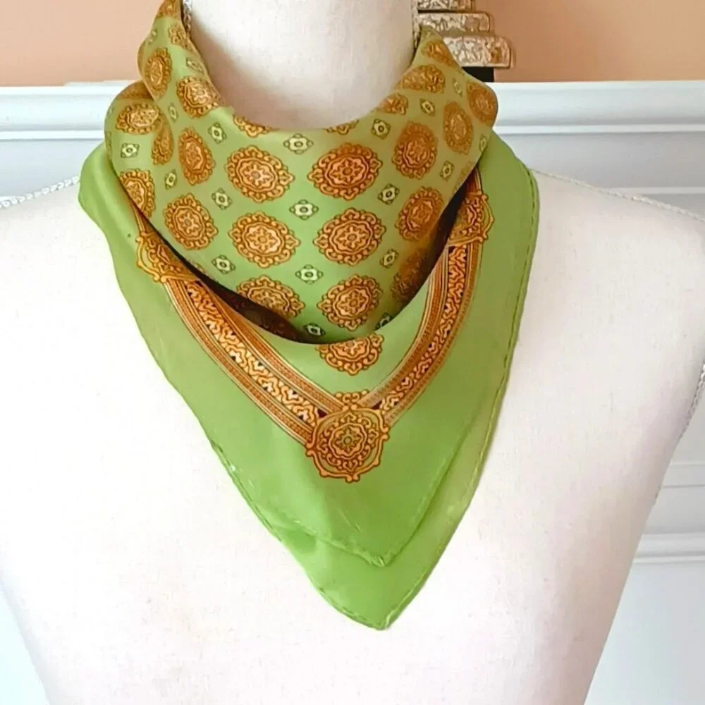 Women's Green Medallion Square Scarf 23” Vintage Green with Golden Pattern